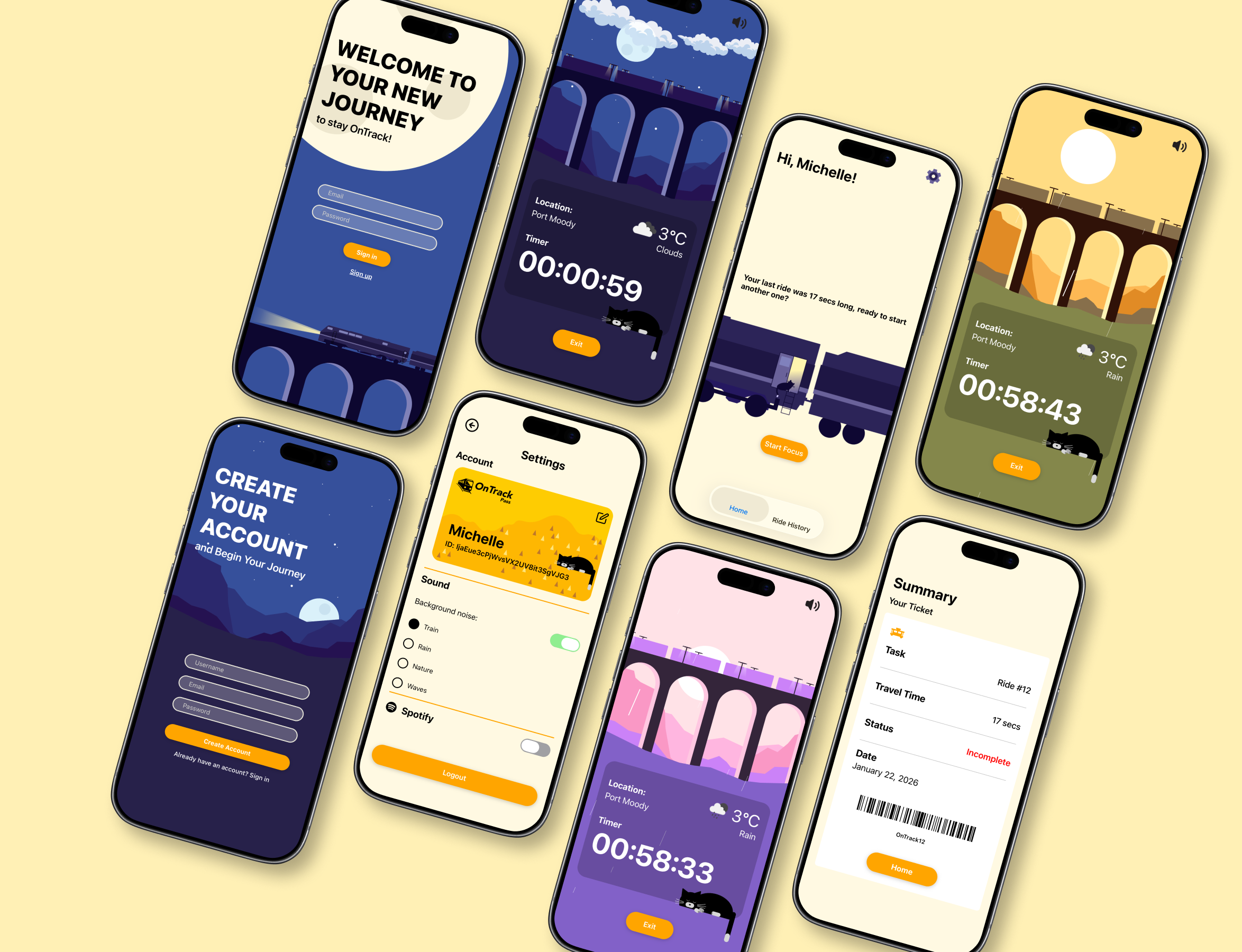 multiple phone mockups on a yellow backgroup